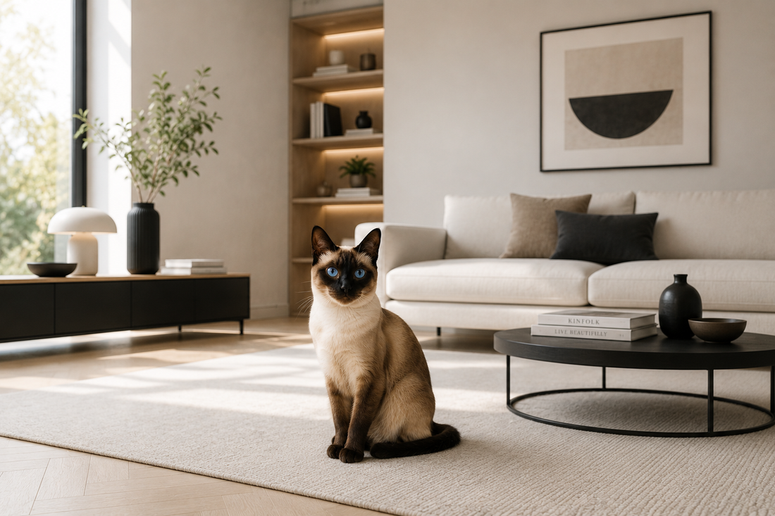 Chat siamois aux yeux bleus dans un salon élégant et épuré — Maison Chatelaine