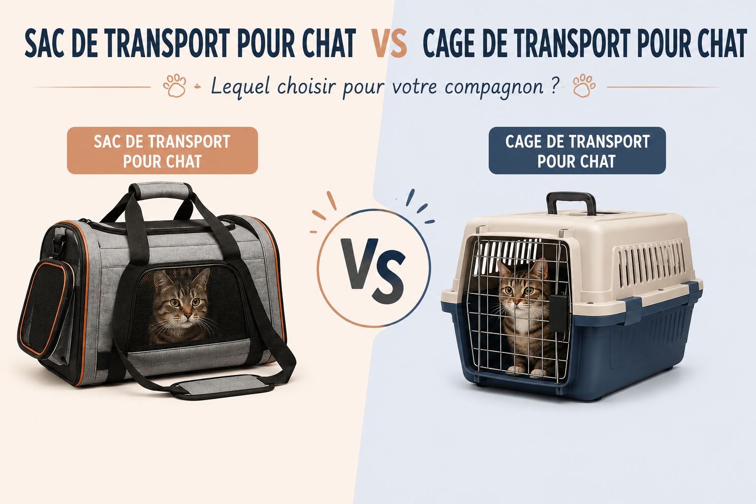 Sac de transport pour chat vs cage de transport pour chat - comparatif visuel