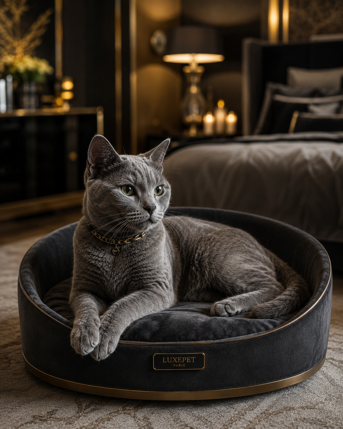 Chat Scottish sur panier luxe - Sélection Premium Maison Chatelaine